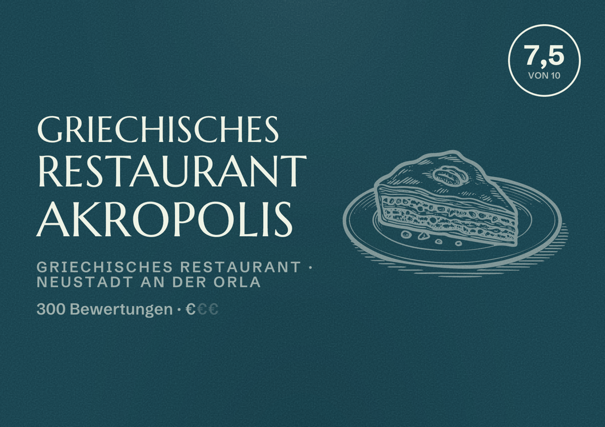 Illustriertes Poster von Griechisches Restaurant Akropolis, Griechisches Restaurant in Neustadt an der Orla: Bewertung 7,5 von 10 aus 300 Bewertungen, Preisniveau €
