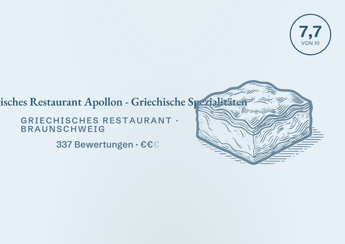 Illustriertes Poster von Griechisches Restaurant Apollon - Griechische Spezialitäten, Griechisches Restaurant in Braunschweig: Bewertung 7,7 von 10 aus 337 Bewertungen, Preisniveau €€