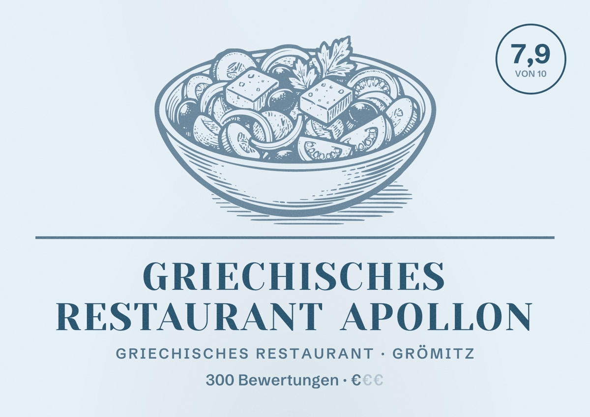 Illustriertes Poster von Griechisches Restaurant Apollon, Griechisches Restaurant in Grömitz: Bewertung 7,9 von 10 aus 300 Bewertungen, Preisniveau €