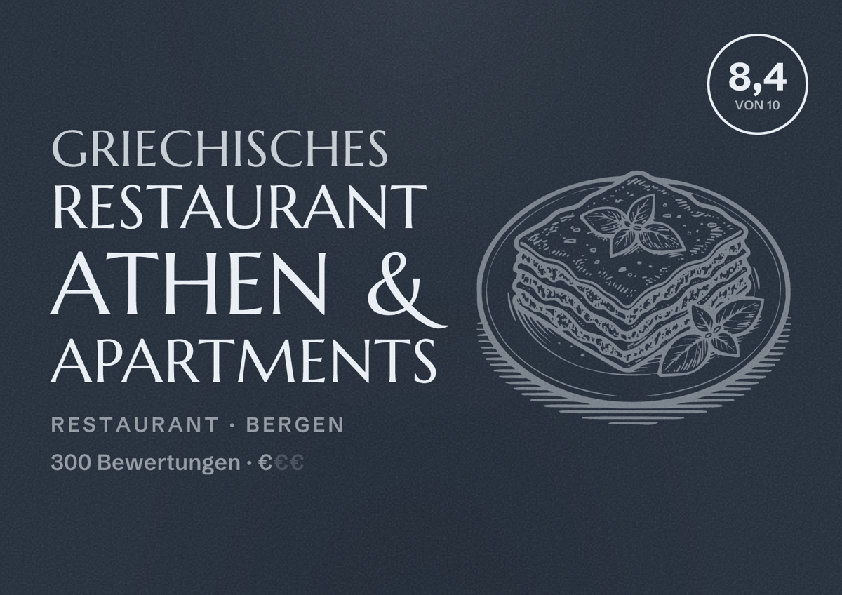 Illustriertes Poster von Griechisches Restaurant Athen & Apartments, Restaurant in Bergen: Bewertung 8,4 von 10 aus 300 Bewertungen, Preisniveau €