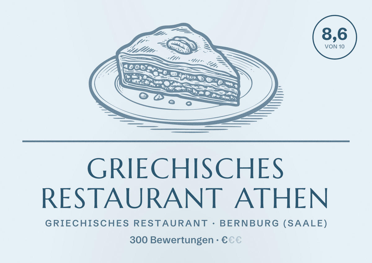 Illustriertes Poster von Griechisches Restaurant Athen, Griechisches Restaurant in Bernburg (Saale): Bewertung 8,6 von 10 aus 300 Bewertungen, Preisniveau €
