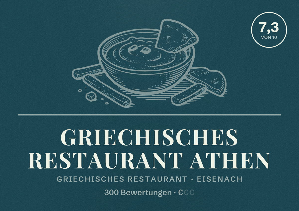 Illustriertes Poster von Griechisches Restaurant Athen, Griechisches Restaurant in Eisenach: Bewertung 7,3 von 10 aus 300 Bewertungen, Preisniveau €