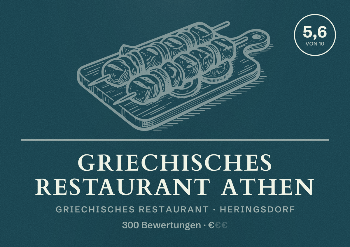 Illustriertes Poster von Griechisches Restaurant Athen, Griechisches Restaurant in Heringsdorf: Bewertung 5,6 von 10 aus 300 Bewertungen, Preisniveau €