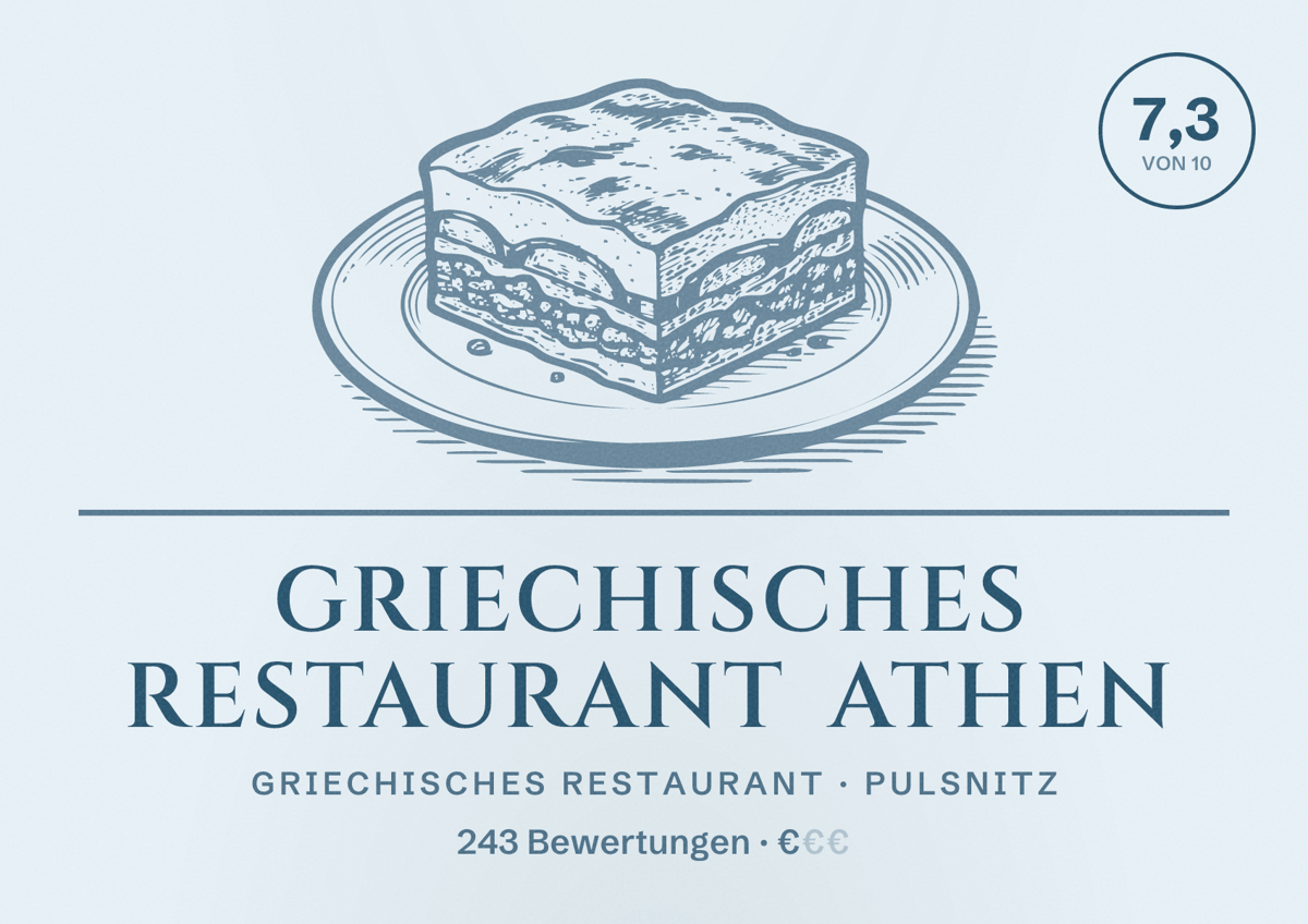 Illustriertes Poster von Griechisches Restaurant Athen, Griechisches Restaurant in Pulsnitz: Bewertung 7,3 von 10 aus 243 Bewertungen, Preisniveau €
