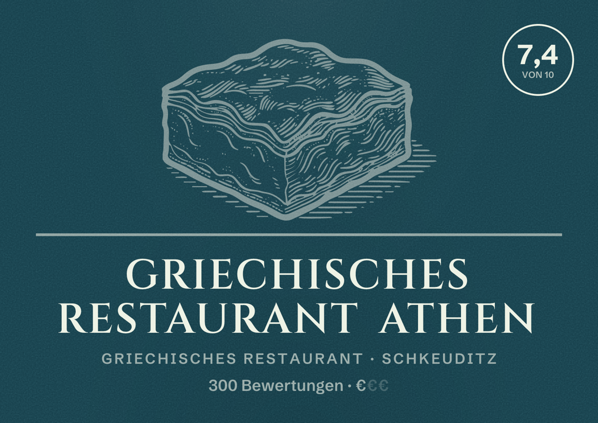 Illustriertes Poster von Griechisches Restaurant Athen, Griechisches Restaurant in Schkeuditz: Bewertung 7,4 von 10 aus 300 Bewertungen, Preisniveau €
