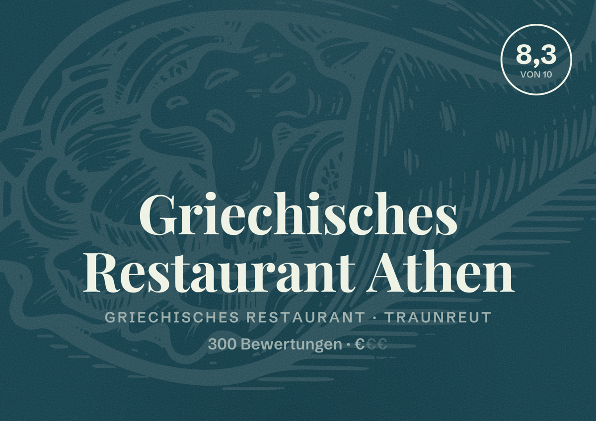 Illustriertes Poster von Griechisches Restaurant Athen, Griechisches Restaurant in Traunreut: Bewertung 8,3 von 10 aus 300 Bewertungen, Preisniveau €