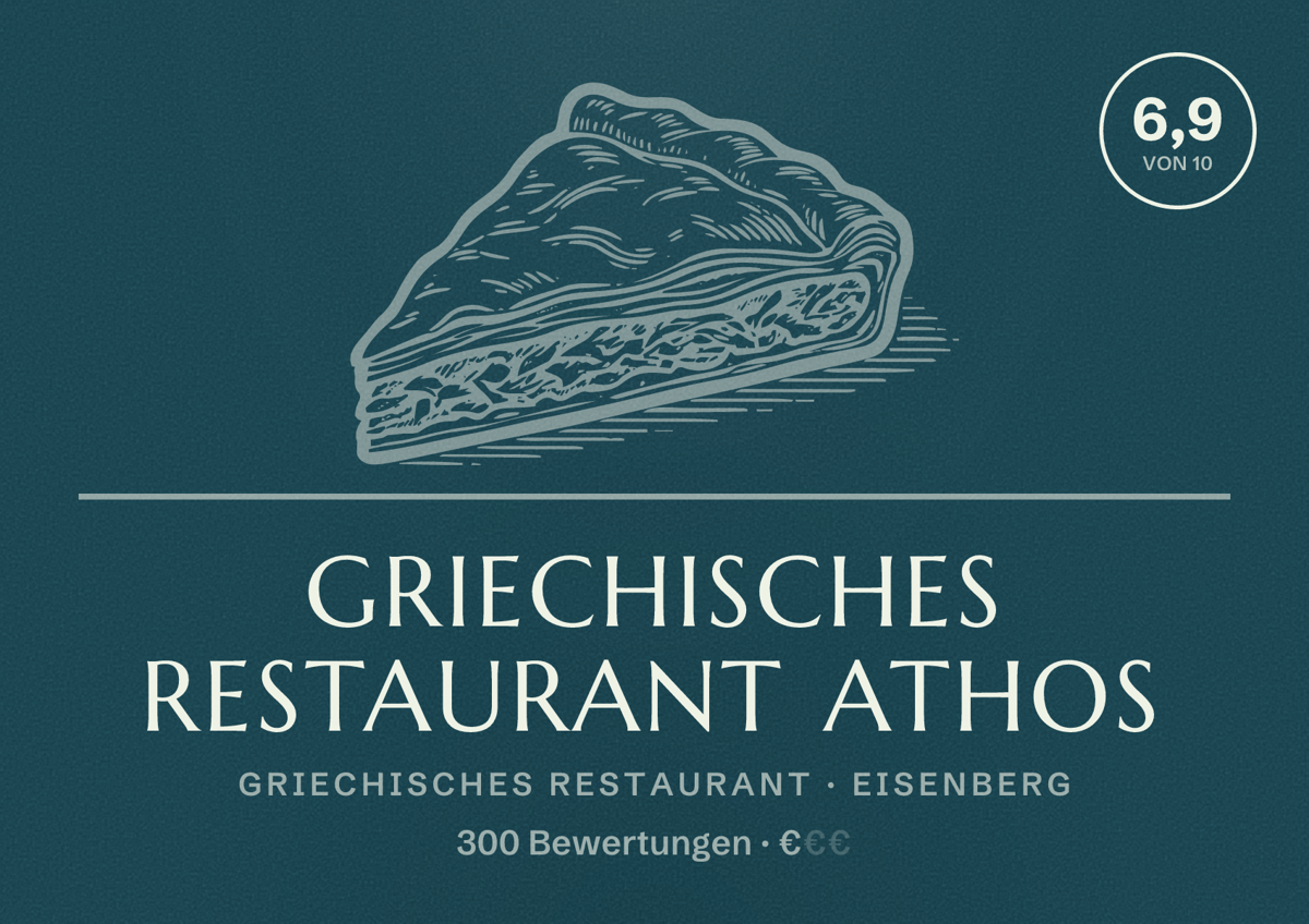 Illustriertes Poster von Griechisches Restaurant Athos, Griechisches Restaurant in Eisenberg: Bewertung 6,9 von 10 aus 300 Bewertungen, Preisniveau €
