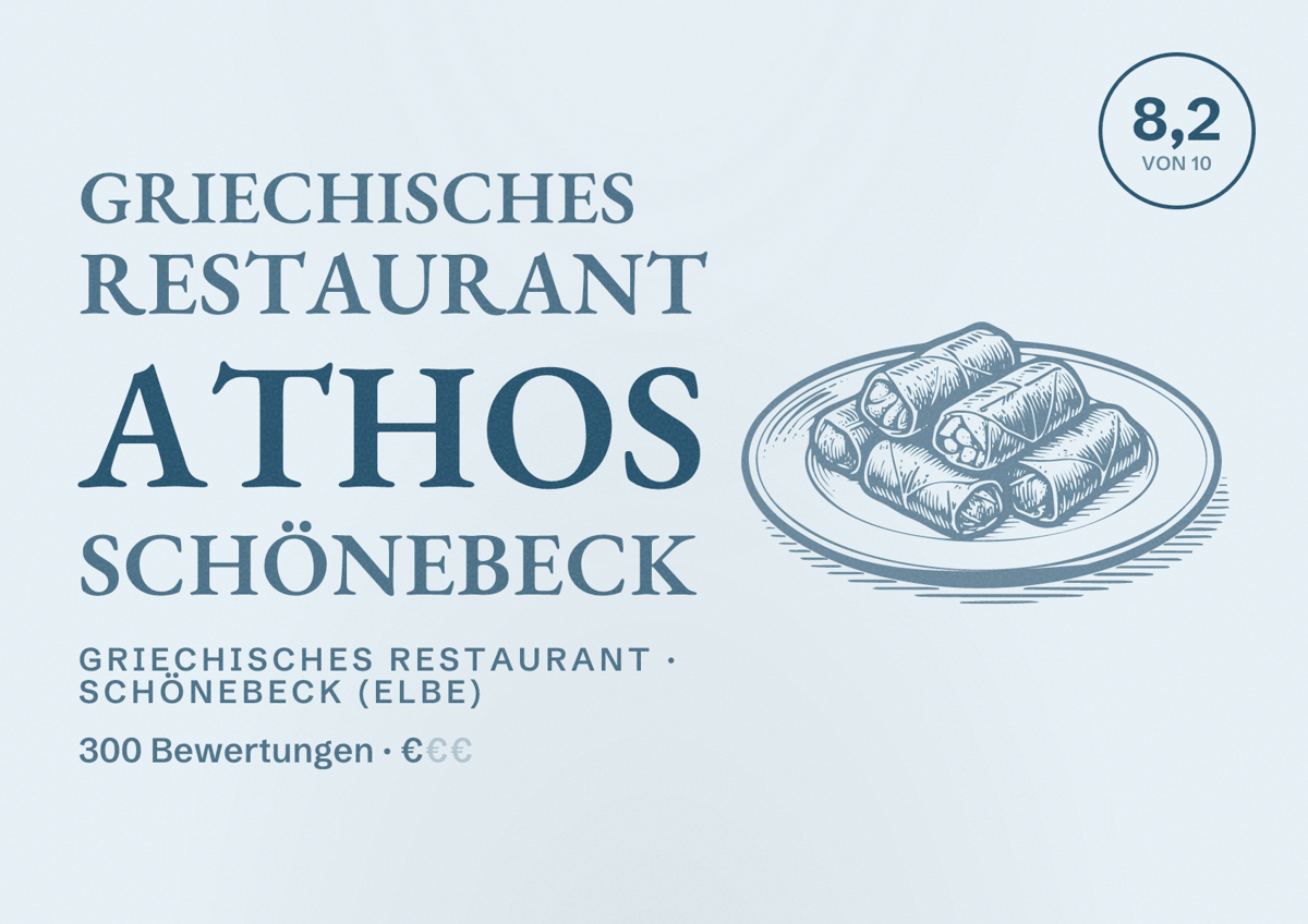 Illustriertes Poster von Griechisches Restaurant ATHOS Schönebeck, Griechisches Restaurant in Schönebeck (Elbe): Bewertung 8,2 von 10 aus 300 Bewertungen, Preisniveau €