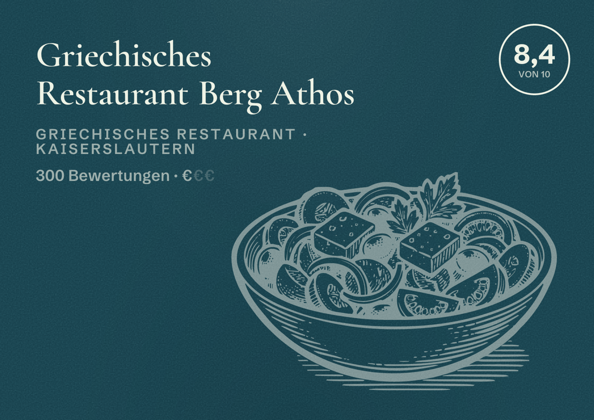 Illustriertes Poster von Griechisches Restaurant Berg Athos, Griechisches Restaurant in Kaiserslautern: Bewertung 8,4 von 10 aus 300 Bewertungen, Preisniveau €
