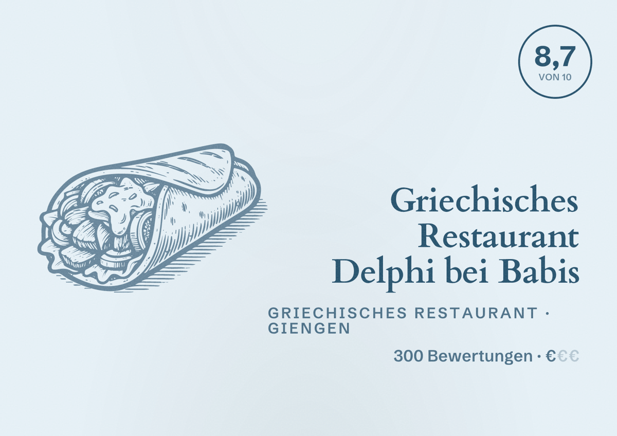 Illustriertes Poster von Griechisches Restaurant Delphi bei Babis, Griechisches Restaurant in Giengen: Bewertung 8,7 von 10 aus 300 Bewertungen, Preisniveau €