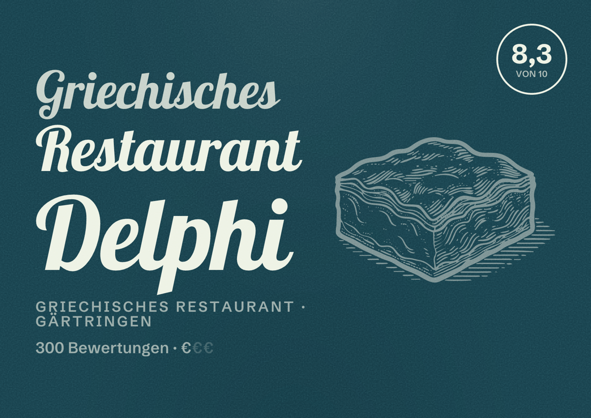 Illustriertes Poster von Griechisches Restaurant Delphi, Griechisches Restaurant in Gärtringen: Bewertung 8,3 von 10 aus 300 Bewertungen, Preisniveau €
