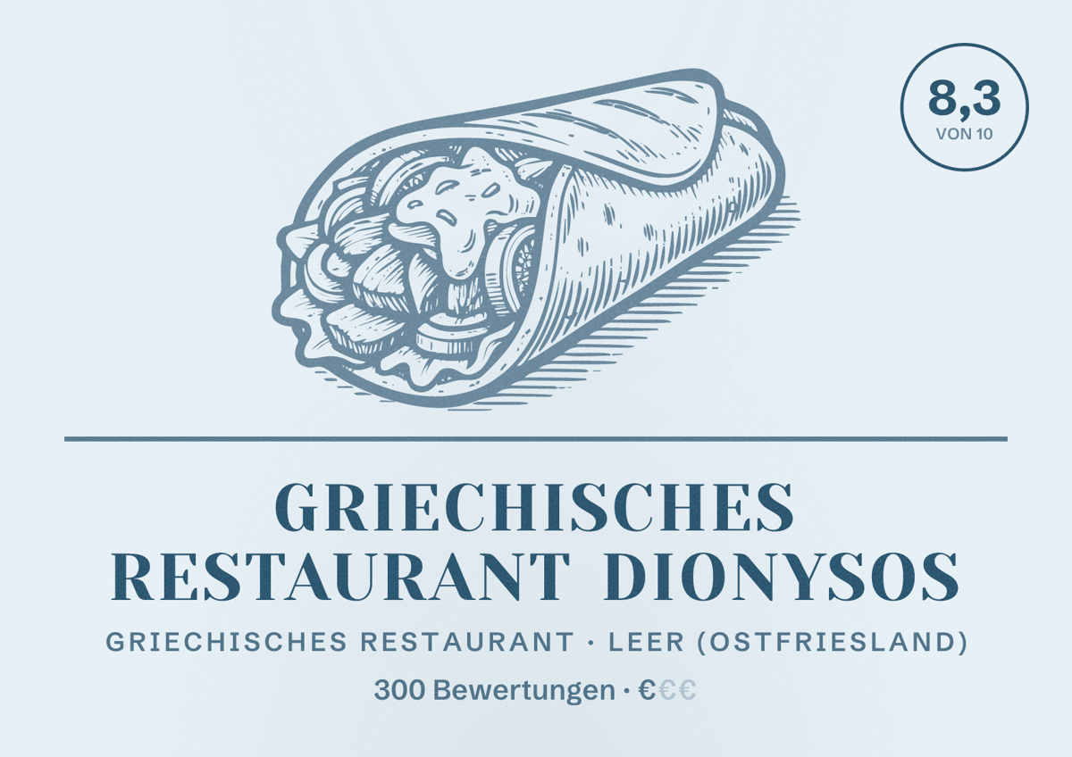 Illustriertes Poster von Griechisches Restaurant Dionysos, Griechisches Restaurant in Leer (Ostfriesland): Bewertung 8,3 von 10 aus 300 Bewertungen, Preisniveau €