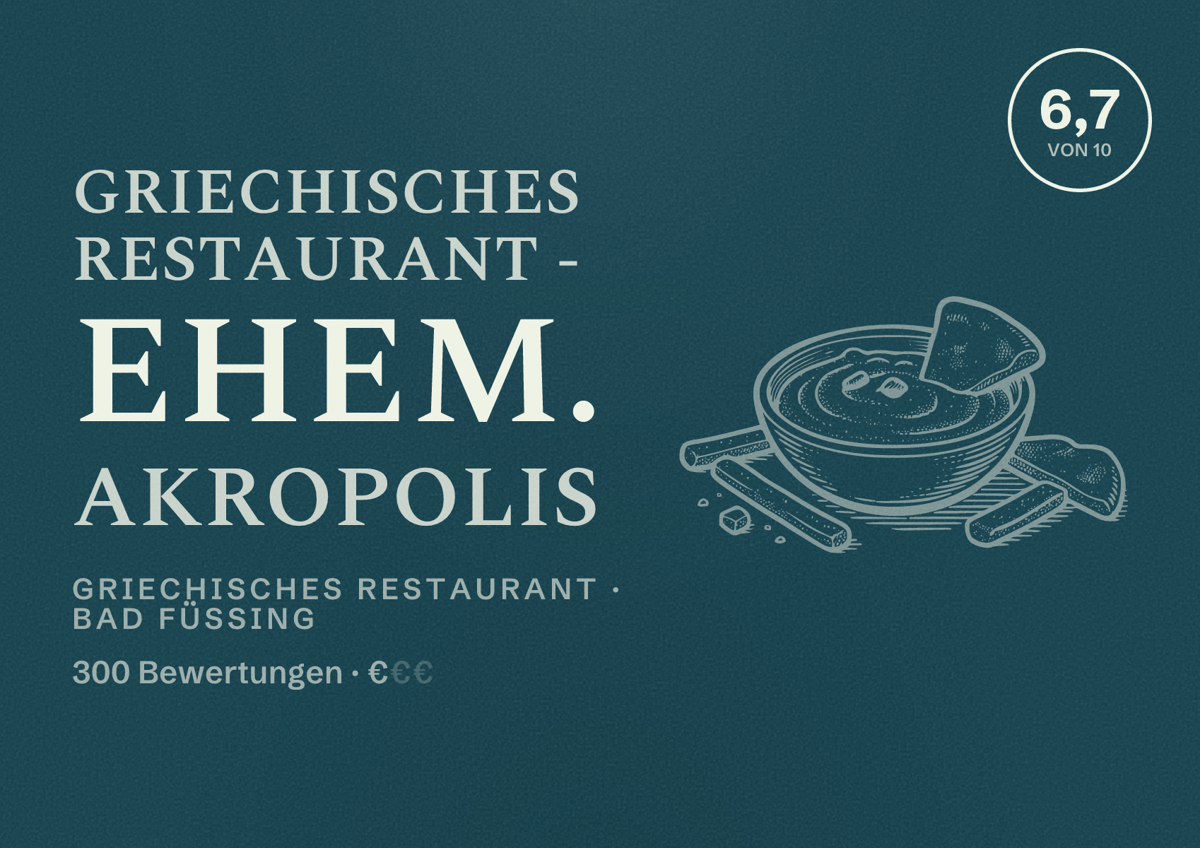 Illustriertes Poster von Griechisches Restaurant - ehem. Akropolis, Griechisches Restaurant in Bad Füssing: Bewertung 6,7 von 10 aus 300 Bewertungen, Preisniveau €
