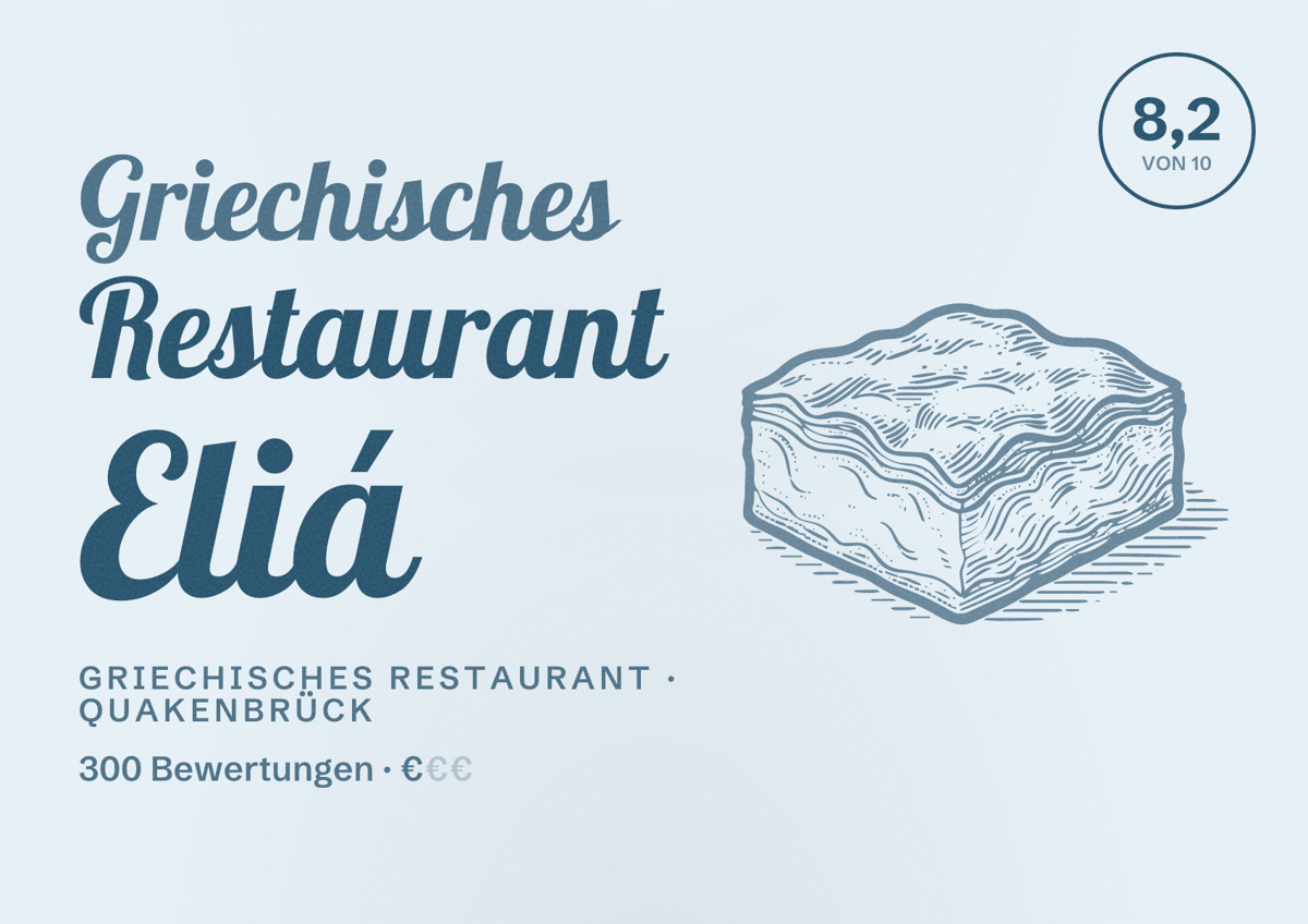Illustriertes Poster von Griechisches Restaurant Eliá, Griechisches Restaurant in Quakenbrück: Bewertung 8,2 von 10 aus 300 Bewertungen, Preisniveau €