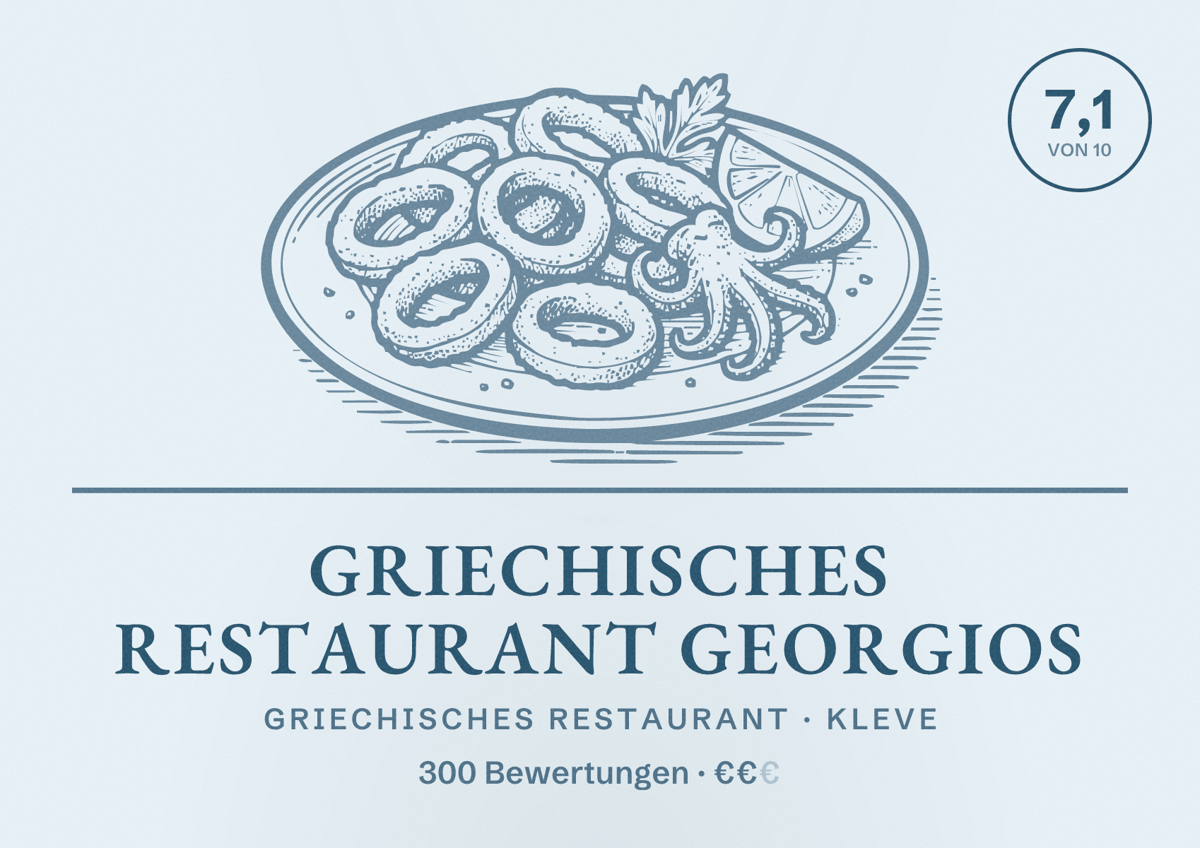 Illustriertes Poster von Griechisches Restaurant Georgios, Griechisches Restaurant in Kleve: Bewertung 7,1 von 10 aus 300 Bewertungen, Preisniveau €€