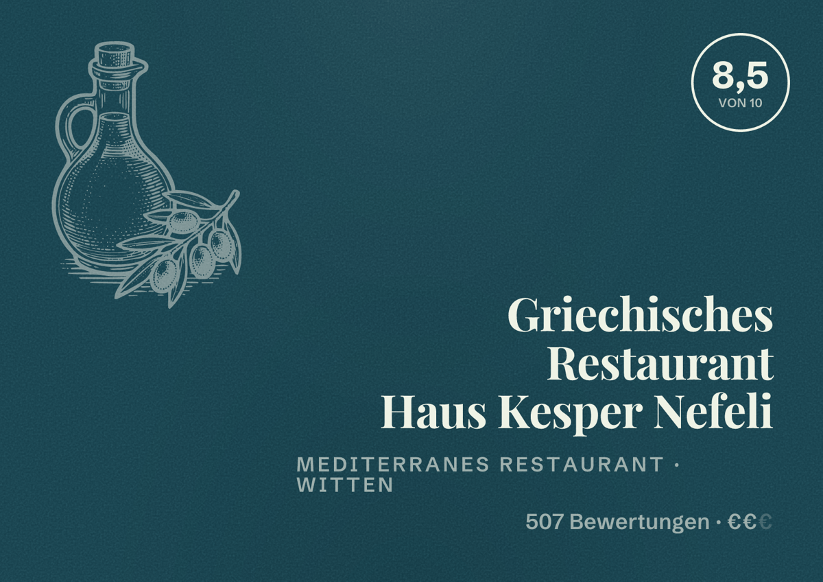 Illustriertes Poster von Griechisches Restaurant Haus Kesper Nefeli, Mediterranes Restaurant in Witten: Bewertung 8,5 von 10 aus 507 Bewertungen, Preisniveau €€