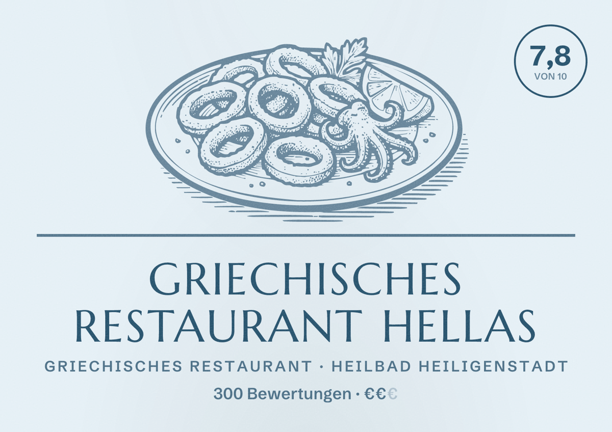 Illustriertes Poster von Griechisches Restaurant Hellas, Griechisches Restaurant in Heilbad Heiligenstadt: Bewertung 7,8 von 10 aus 300 Bewertungen, Preisniveau €€