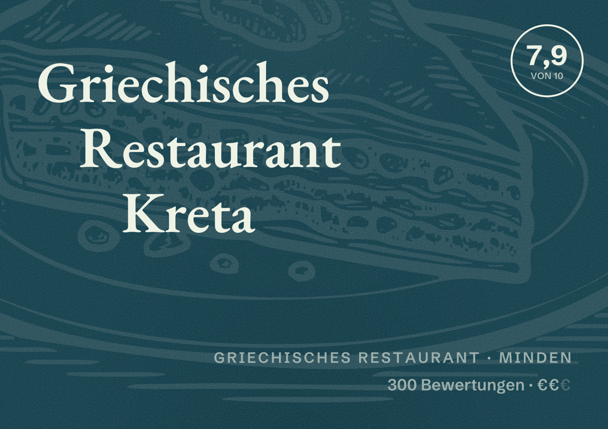 Illustriertes Poster von Griechisches Restaurant Kreta, Griechisches Restaurant in Minden: Bewertung 7,9 von 10 aus 300 Bewertungen, Preisniveau €€