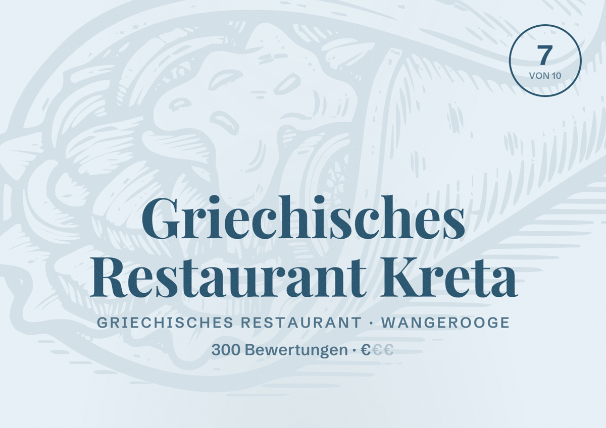 Illustriertes Poster von Griechisches Restaurant Kreta, Griechisches Restaurant in Wangerooge: Bewertung 7 von 10 aus 300 Bewertungen, Preisniveau €