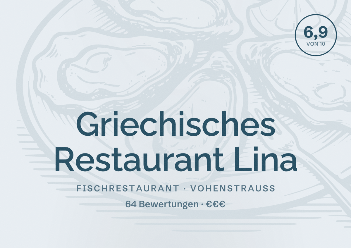 Illustriertes Poster von Griechisches Restaurant Lina, Fischrestaurant in Vohenstrauß: Bewertung 6,9 von 10 aus 64 Bewertungen, Preisniveau €€€
