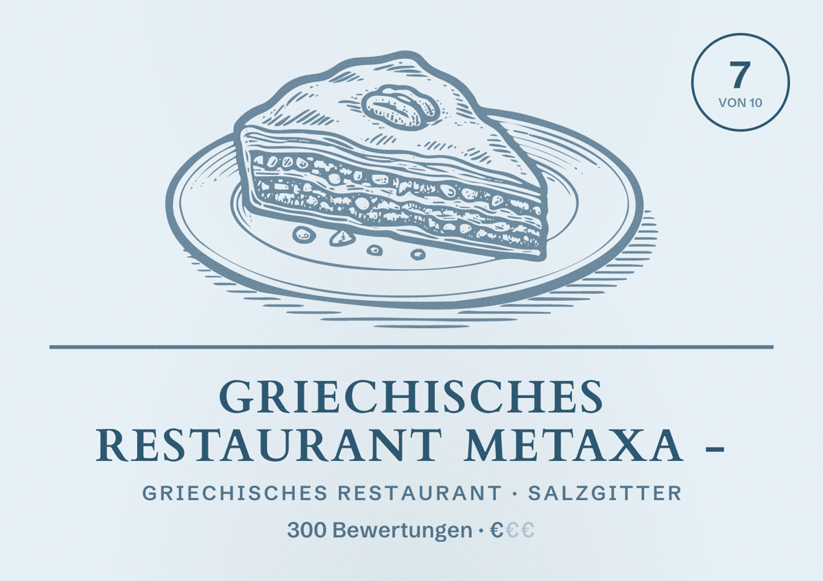 Illustriertes Poster von Griechisches Restaurant Metaxa -, Griechisches Restaurant in Salzgitter: Bewertung 7 von 10 aus 300 Bewertungen, Preisniveau €