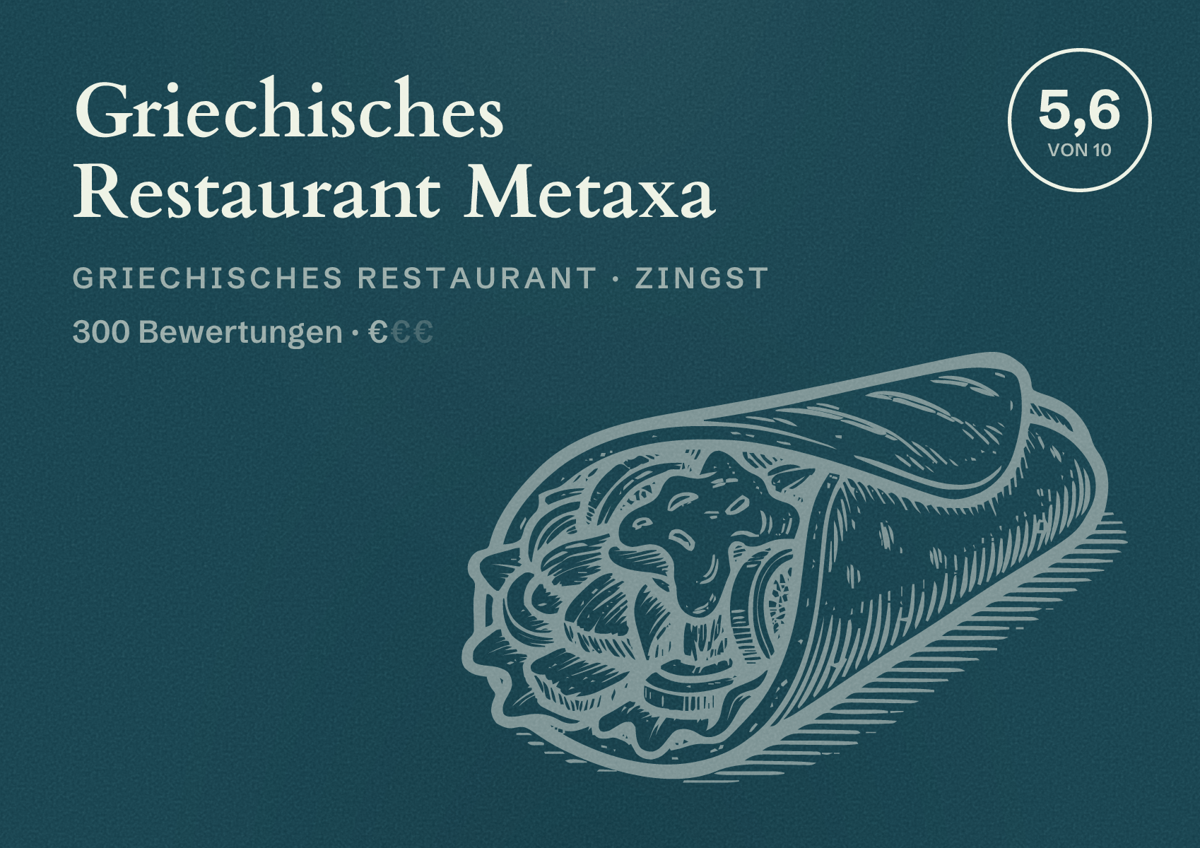 Illustriertes Poster von Griechisches Restaurant Metaxa, Griechisches Restaurant in Zingst: Bewertung 5,6 von 10 aus 300 Bewertungen, Preisniveau €