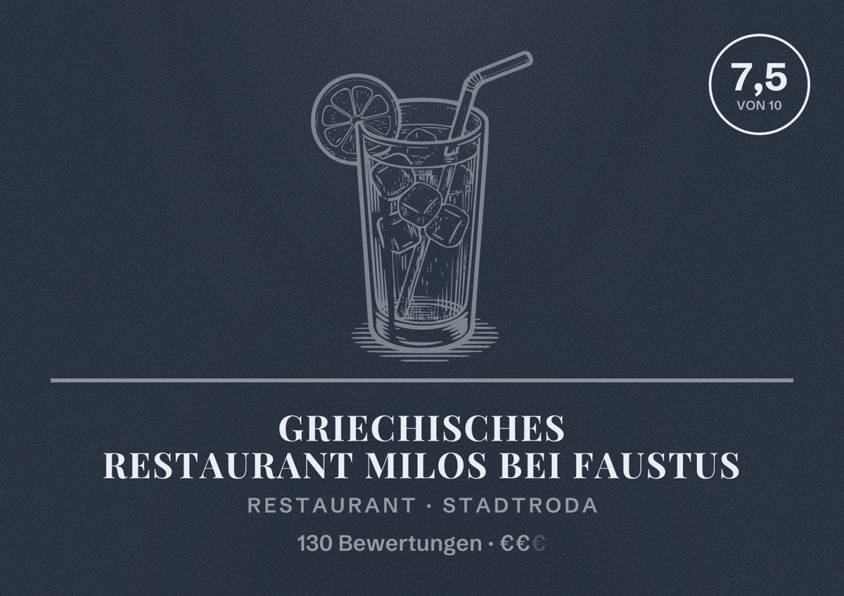 Illustriertes Poster von Griechisches Restaurant Milos bei Faustus, Restaurant in Stadtroda: Bewertung 7,5 von 10 aus 130 Bewertungen, Preisniveau €€