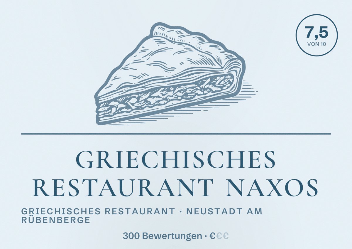 Illustriertes Poster von Griechisches Restaurant Naxos, Griechisches Restaurant in Neustadt am Rübenberge: Bewertung 7,5 von 10 aus 300 Bewertungen, Preisniveau €