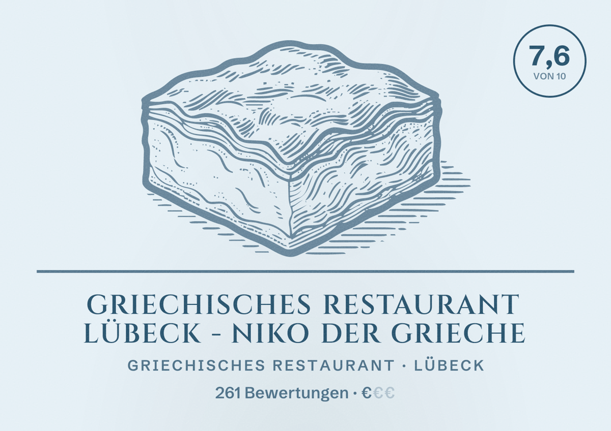 Illustriertes Poster von Griechisches Restaurant Lübeck - Niko der Grieche, Griechisches Restaurant in Lübeck: Bewertung 7,6 von 10 aus 261 Bewertungen, Preisniveau €