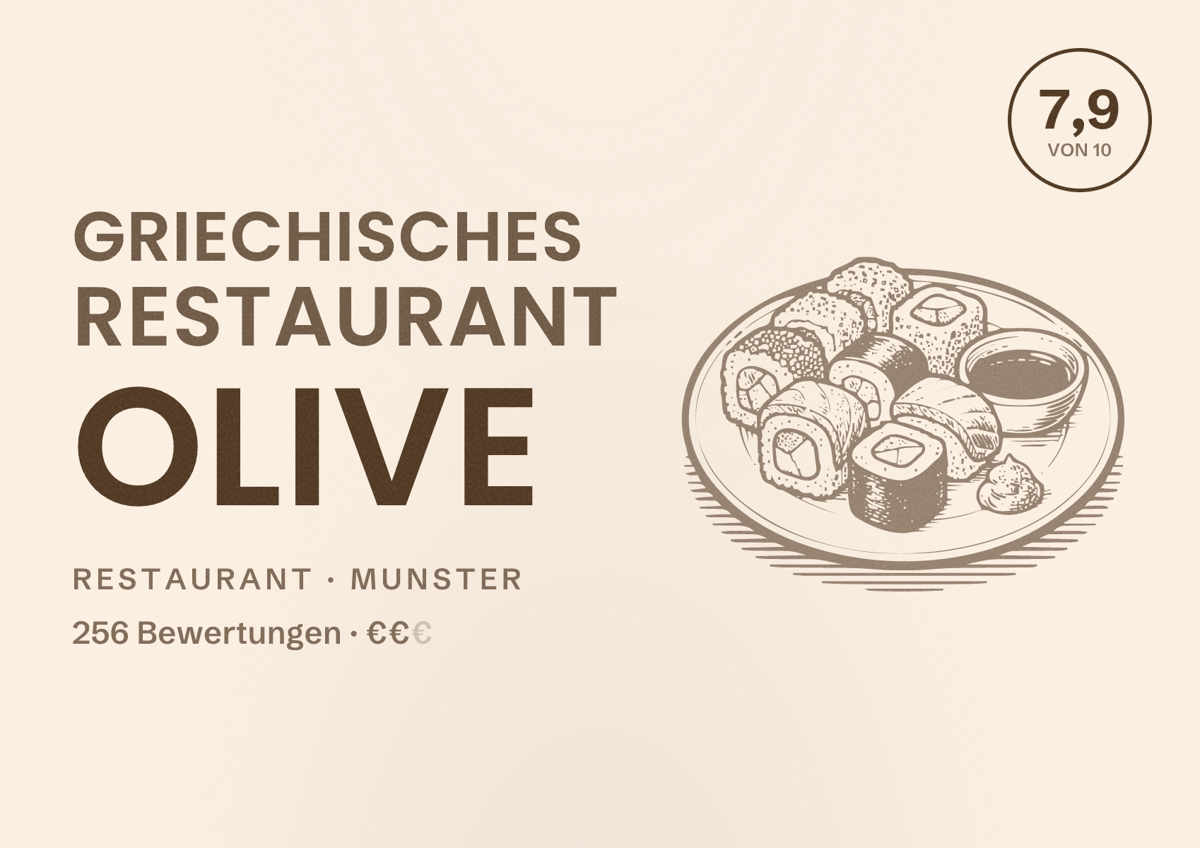 Illustriertes Poster von Griechisches Restaurant Olive, Restaurant in Munster: Bewertung 7,9 von 10 aus 256 Bewertungen, Preisniveau €€