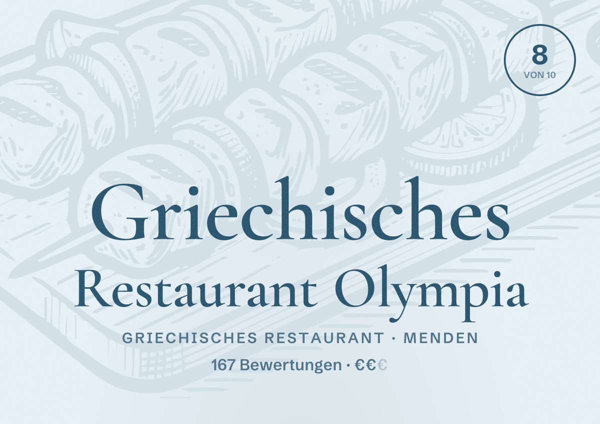Illustriertes Poster von Griechisches Restaurant Olympia, Griechisches Restaurant in Menden: Bewertung 8 von 10 aus 167 Bewertungen, Preisniveau €€