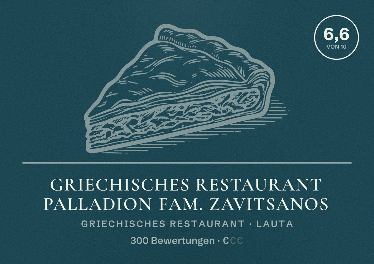 Illustriertes Poster von Griechisches Restaurant Palladion Fam. Zavitsanos, Griechisches Restaurant in Lauta: Bewertung 6,6 von 10 aus 300 Bewertungen, Preisniveau €