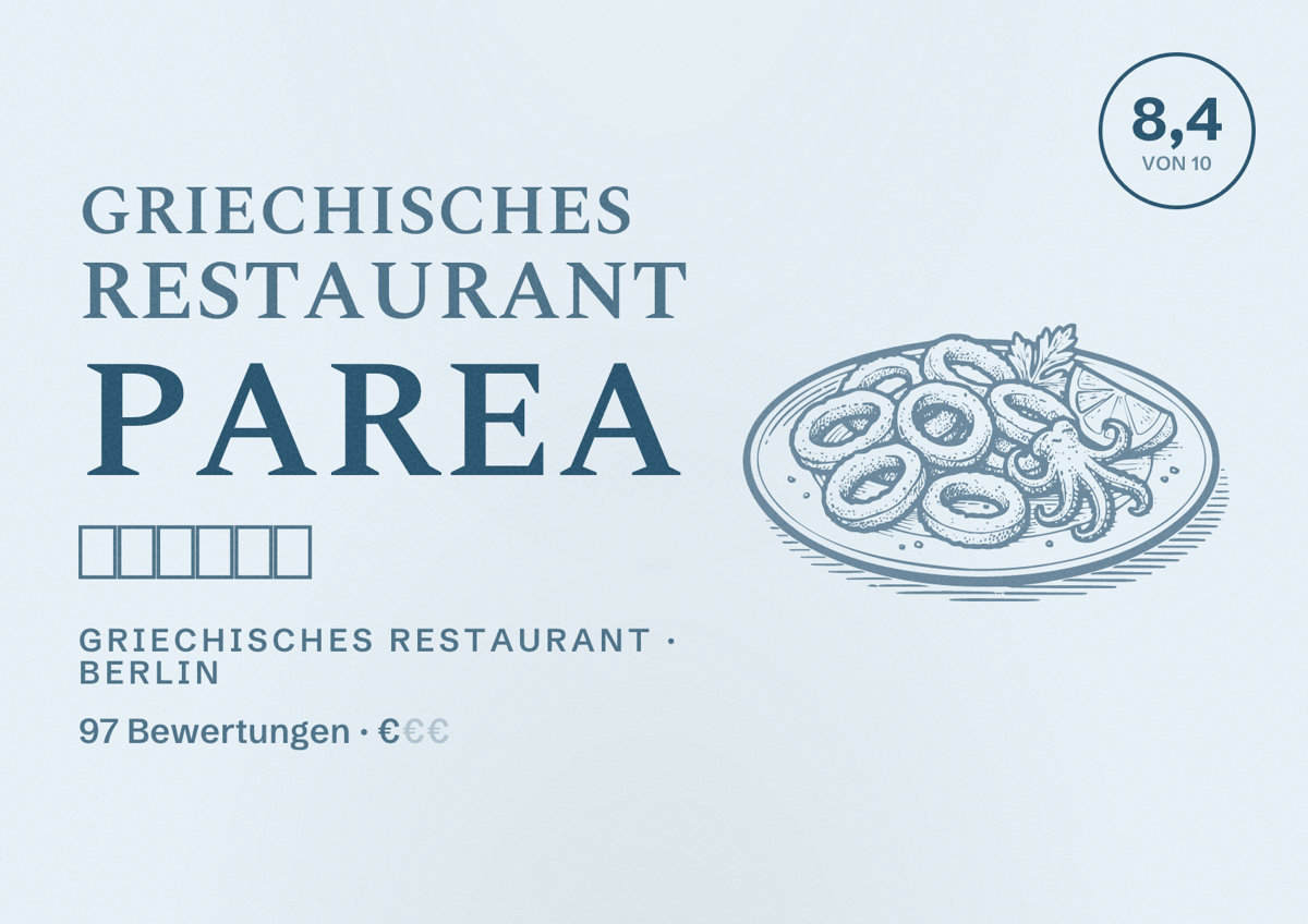 Illustriertes Poster von Griechisches Restaurant Parea 🧑🏼‍🍳🇬🇷, Griechisches Restaurant in Berlin: Bewertung 8,4 von 10 aus 97 Bewertungen, Preisniveau €