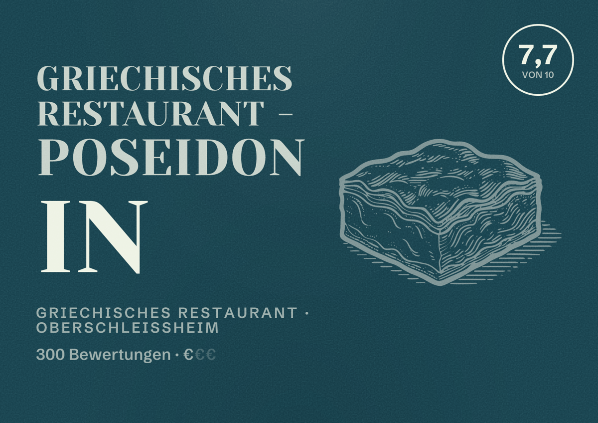 Illustriertes Poster von Griechisches Restaurant - Poseidon in, Griechisches Restaurant in Oberschleißheim: Bewertung 7,7 von 10 aus 300 Bewertungen, Preisniveau €