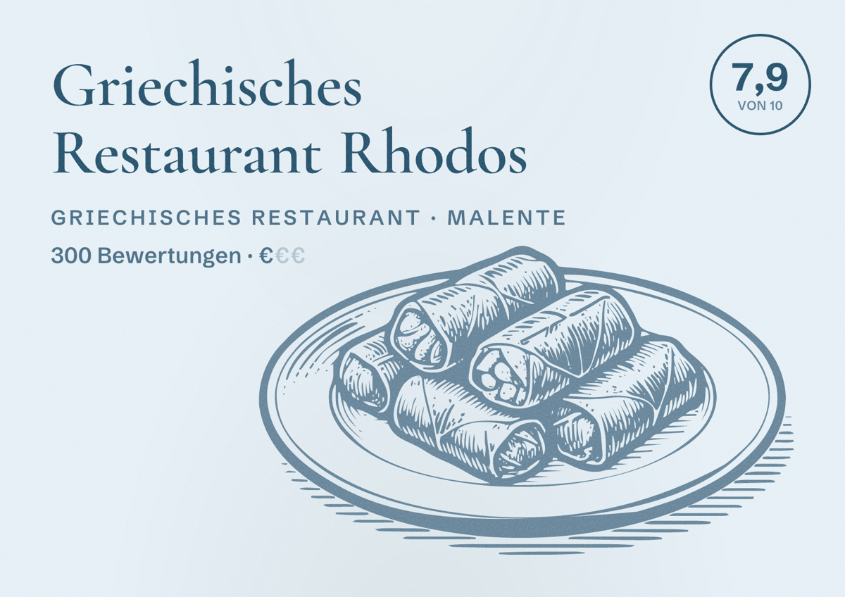 Illustriertes Poster von Griechisches Restaurant Rhodos, Griechisches Restaurant in Malente: Bewertung 7,9 von 10 aus 300 Bewertungen, Preisniveau €