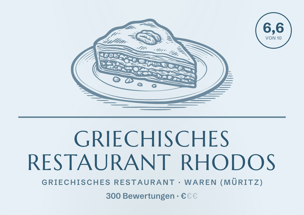 Illustriertes Poster von Griechisches Restaurant Rhodos, Griechisches Restaurant in Waren (Müritz): Bewertung 6,6 von 10 aus 300 Bewertungen, Preisniveau €