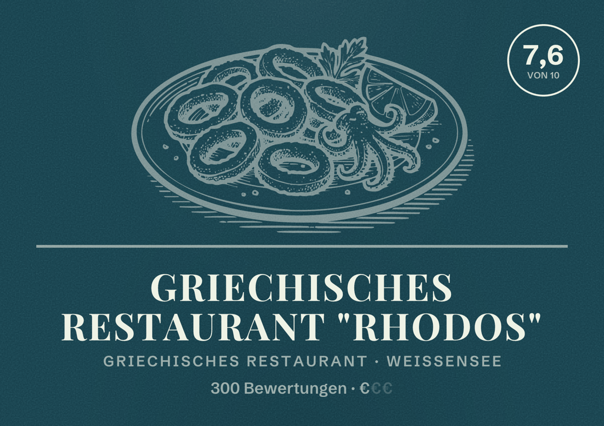 Illustriertes Poster von Griechisches Restaurant "RHODOS", Griechisches Restaurant in Weißensee: Bewertung 7,6 von 10 aus 300 Bewertungen, Preisniveau €