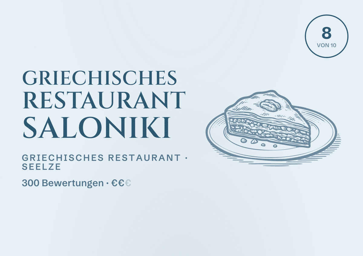 Illustriertes Poster von Griechisches Restaurant Saloniki, Griechisches Restaurant in Seelze: Bewertung 8 von 10 aus 300 Bewertungen, Preisniveau €€