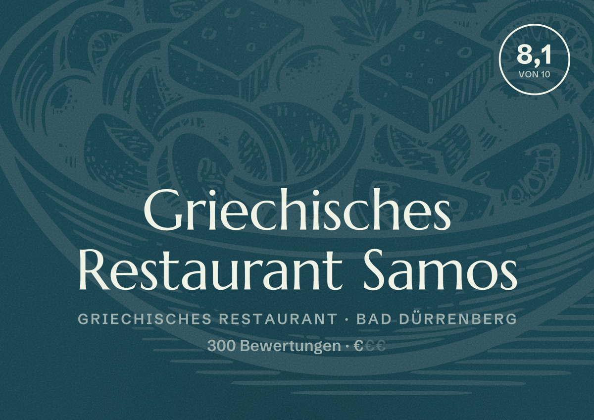 Illustriertes Poster von Griechisches Restaurant Samos, Griechisches Restaurant in Bad Dürrenberg: Bewertung 8,1 von 10 aus 300 Bewertungen, Preisniveau €