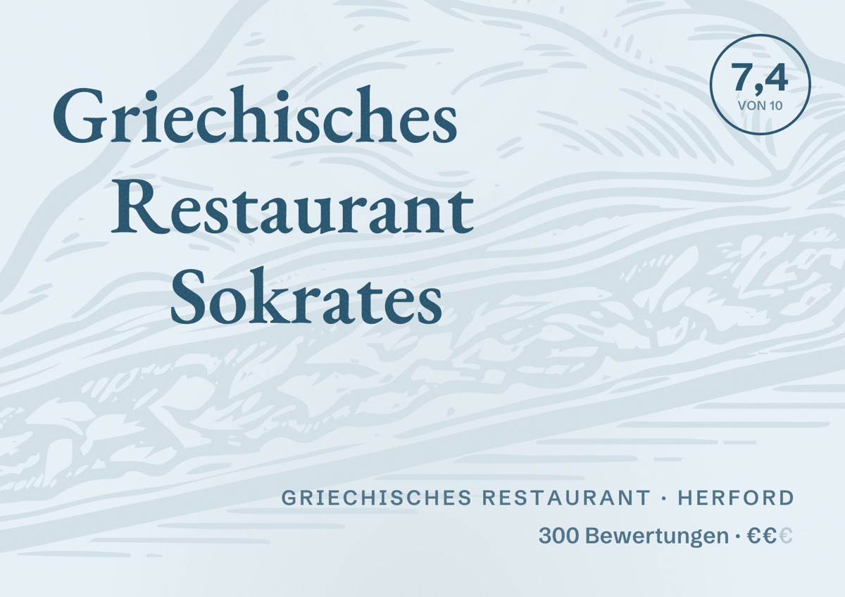 Illustriertes Poster von Griechisches Restaurant Sokrates, Griechisches Restaurant in Herford: Bewertung 7,4 von 10 aus 300 Bewertungen, Preisniveau €€