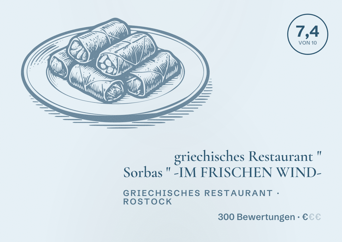 Illustriertes Poster von griechisches Restaurant " Sorbas " -IM FRISCHEN WIND-, Griechisches Restaurant in Rostock: Bewertung 7,4 von 10 aus 300 Bewertungen, Preisniveau €
