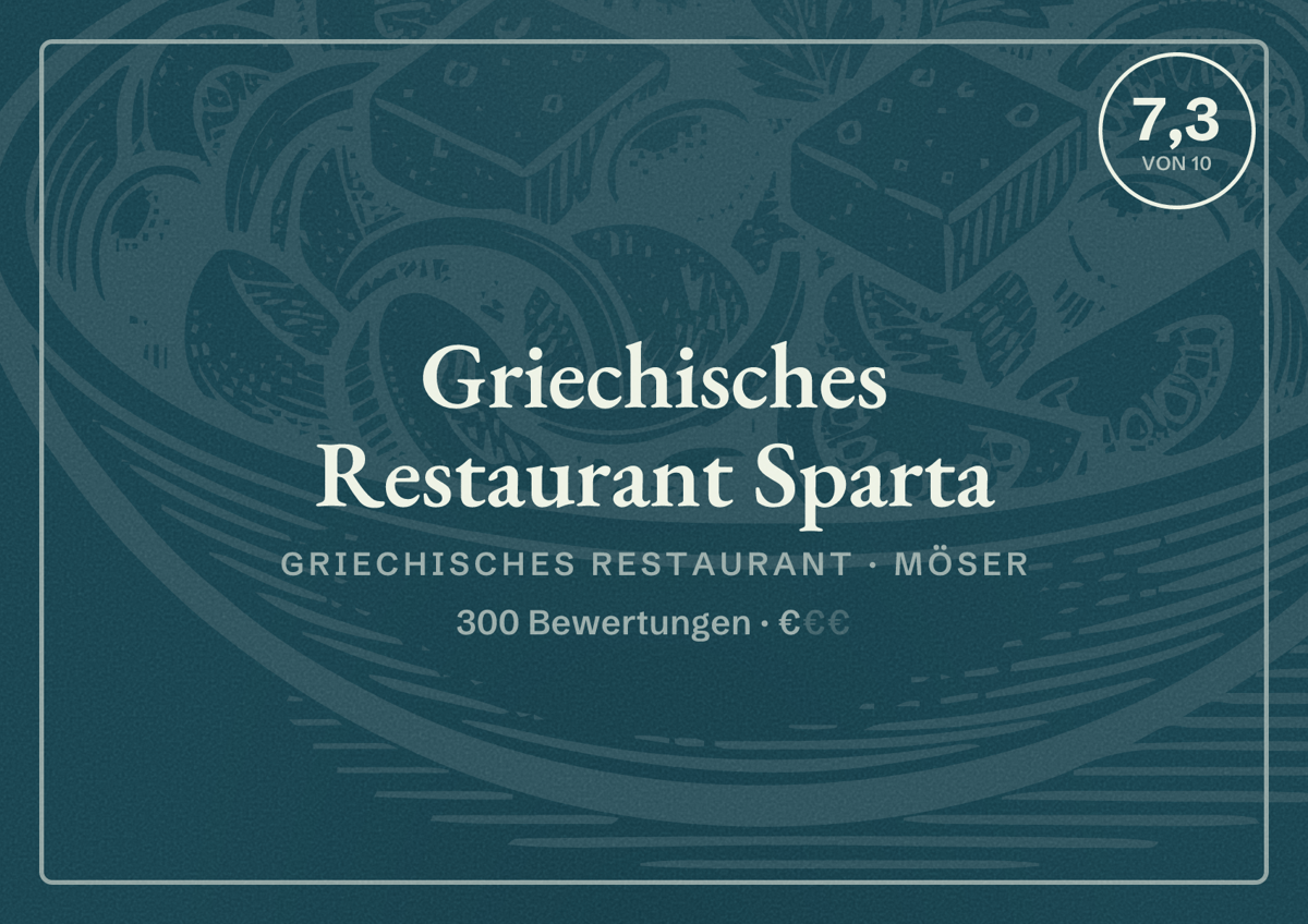 Illustriertes Poster von Griechisches Restaurant Sparta, Griechisches Restaurant in Möser: Bewertung 7,3 von 10 aus 300 Bewertungen, Preisniveau €