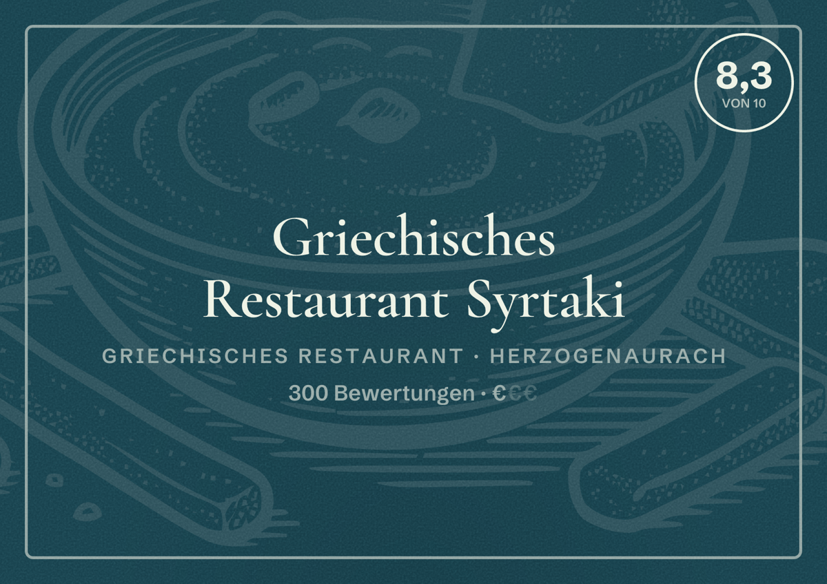 Illustriertes Poster von Griechisches Restaurant Syrtaki, Griechisches Restaurant in Herzogenaurach: Bewertung 8,3 von 10 aus 300 Bewertungen, Preisniveau €