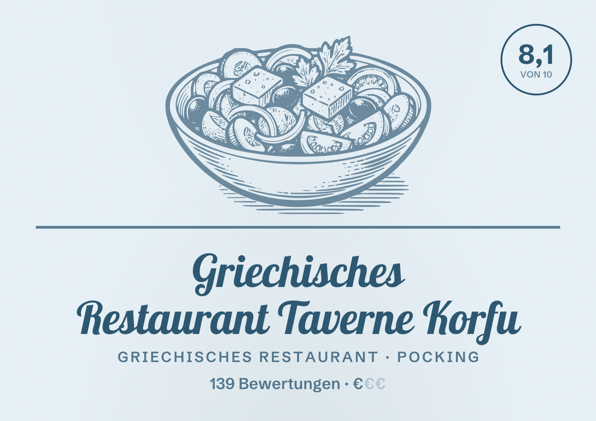 Illustriertes Poster von Griechisches Restaurant Taverne Korfu, Griechisches Restaurant in Pocking: Bewertung 8,1 von 10 aus 139 Bewertungen, Preisniveau €