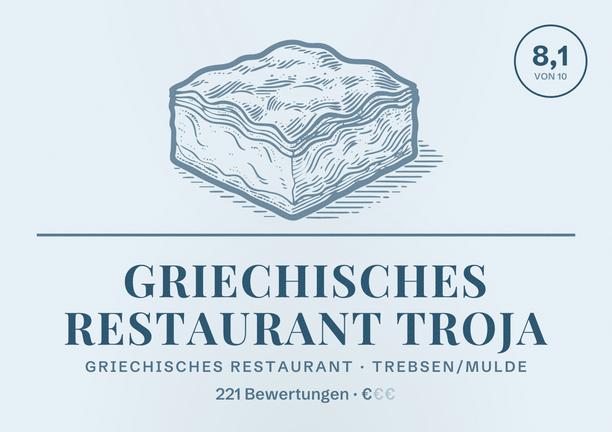 Illustriertes Poster von Griechisches Restaurant TROJA, Griechisches Restaurant in Trebsen/Mulde: Bewertung 8,1 von 10 aus 221 Bewertungen, Preisniveau €