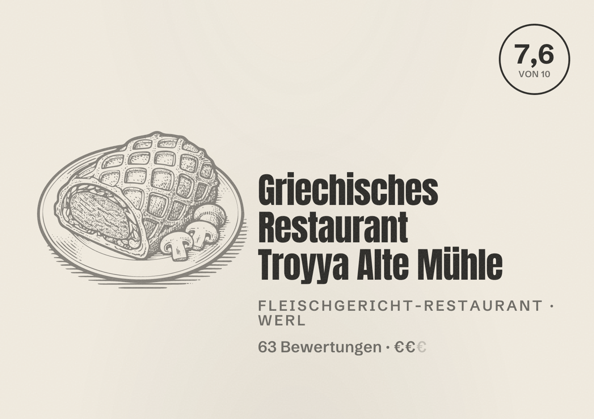 Illustriertes Poster von Griechisches Restaurant Troyya Alte Mühle, Fleischgericht-Restaurant in Werl: Bewertung 7,6 von 10 aus 63 Bewertungen, Preisniveau €€