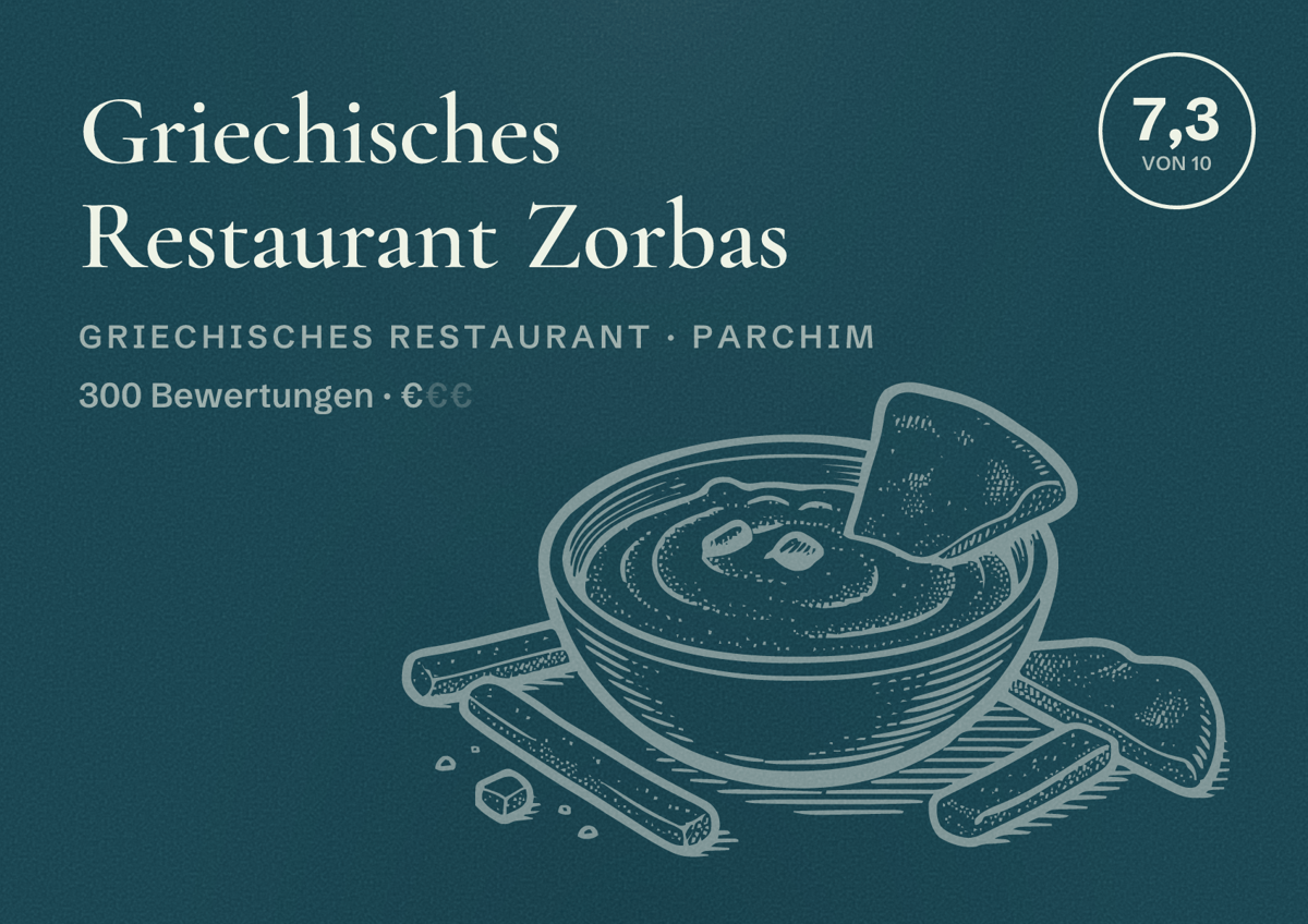 Illustriertes Poster von Griechisches Restaurant Zorbas, Griechisches Restaurant in Parchim: Bewertung 7,3 von 10 aus 300 Bewertungen, Preisniveau €
