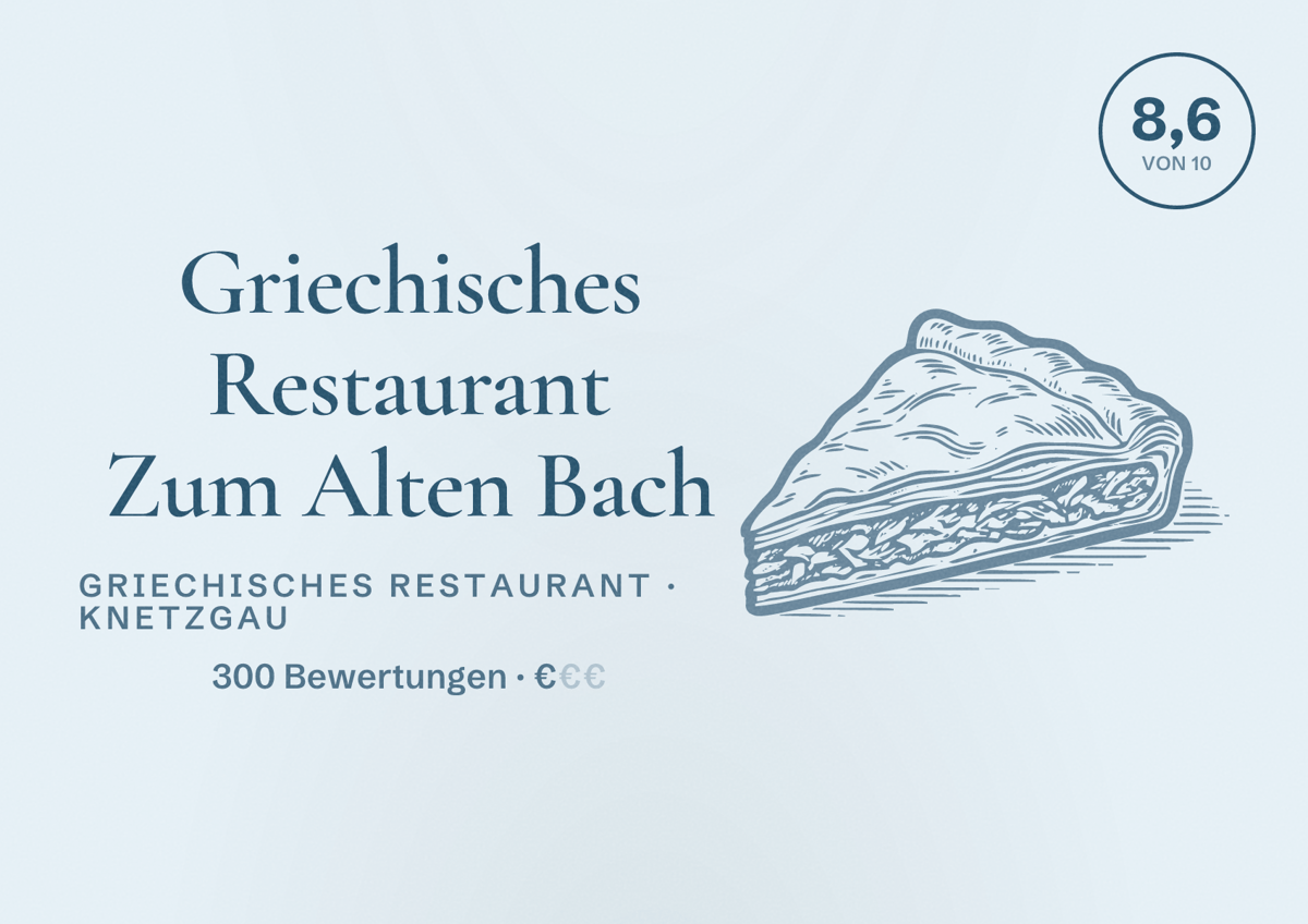 Illustriertes Poster von Griechisches Restaurant Zum Alten Bach, Griechisches Restaurant in Knetzgau: Bewertung 8,6 von 10 aus 300 Bewertungen, Preisniveau €