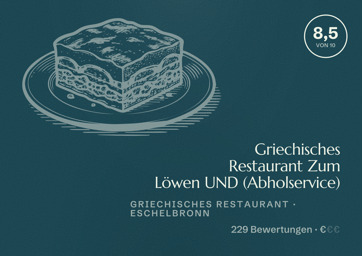 Illustriertes Poster von Griechisches Restaurant Zum Löwen UND (Abholservice), Griechisches Restaurant in Eschelbronn: Bewertung 8,5 von 10 aus 229 Bewertungen, Preisniveau €