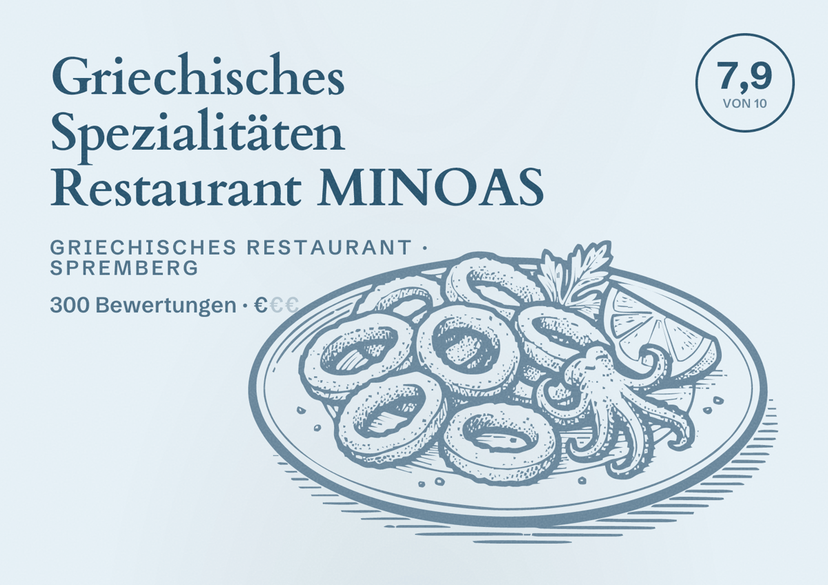 Illustriertes Poster von Griechisches Spezialitäten Restaurant MINOAS, Griechisches Restaurant in Spremberg: Bewertung 7,9 von 10 aus 300 Bewertungen, Preisniveau €